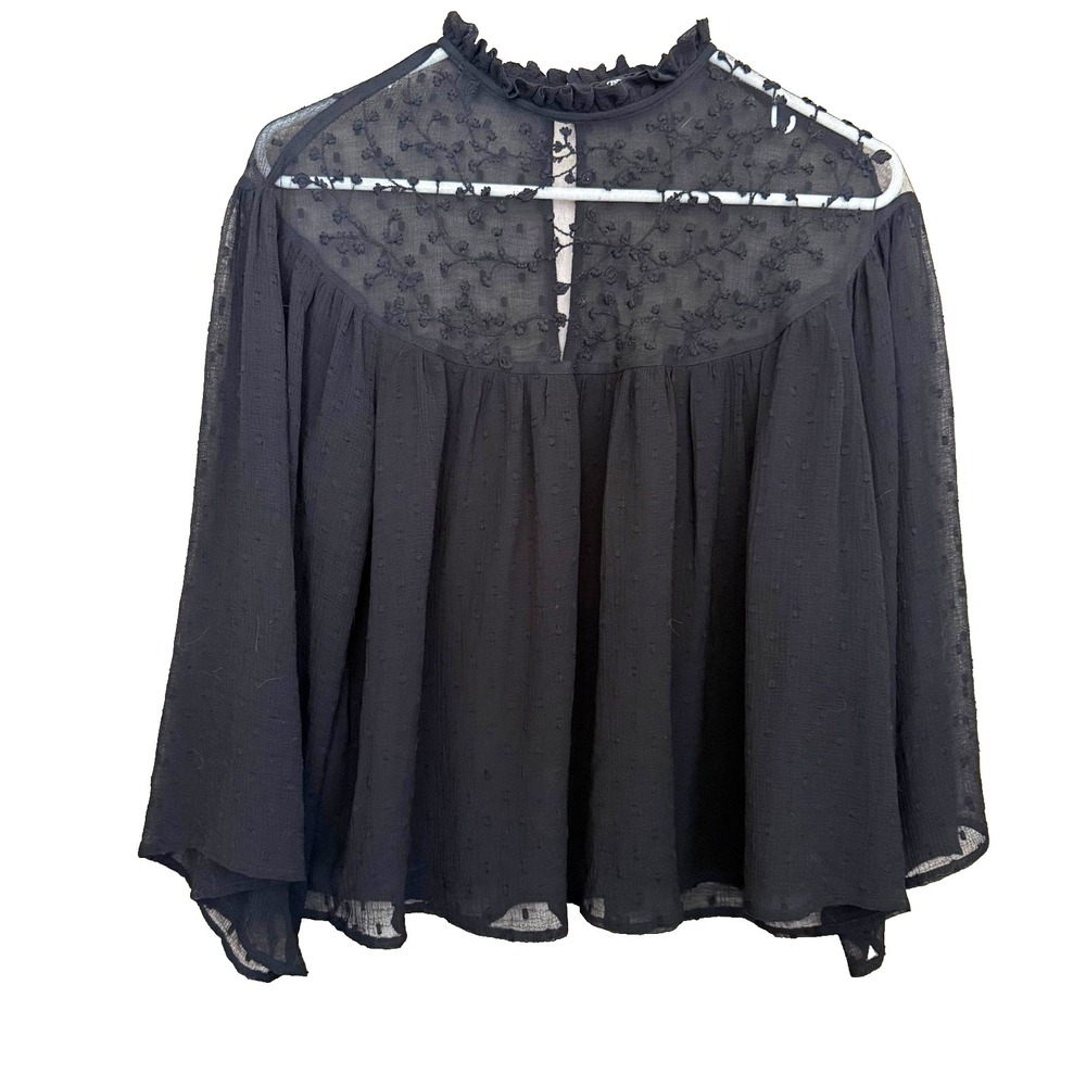 ZARA Black Sheer‎ Lace Top S Ruffle Neck Dark Academia Whimsigoth Victorian Goth